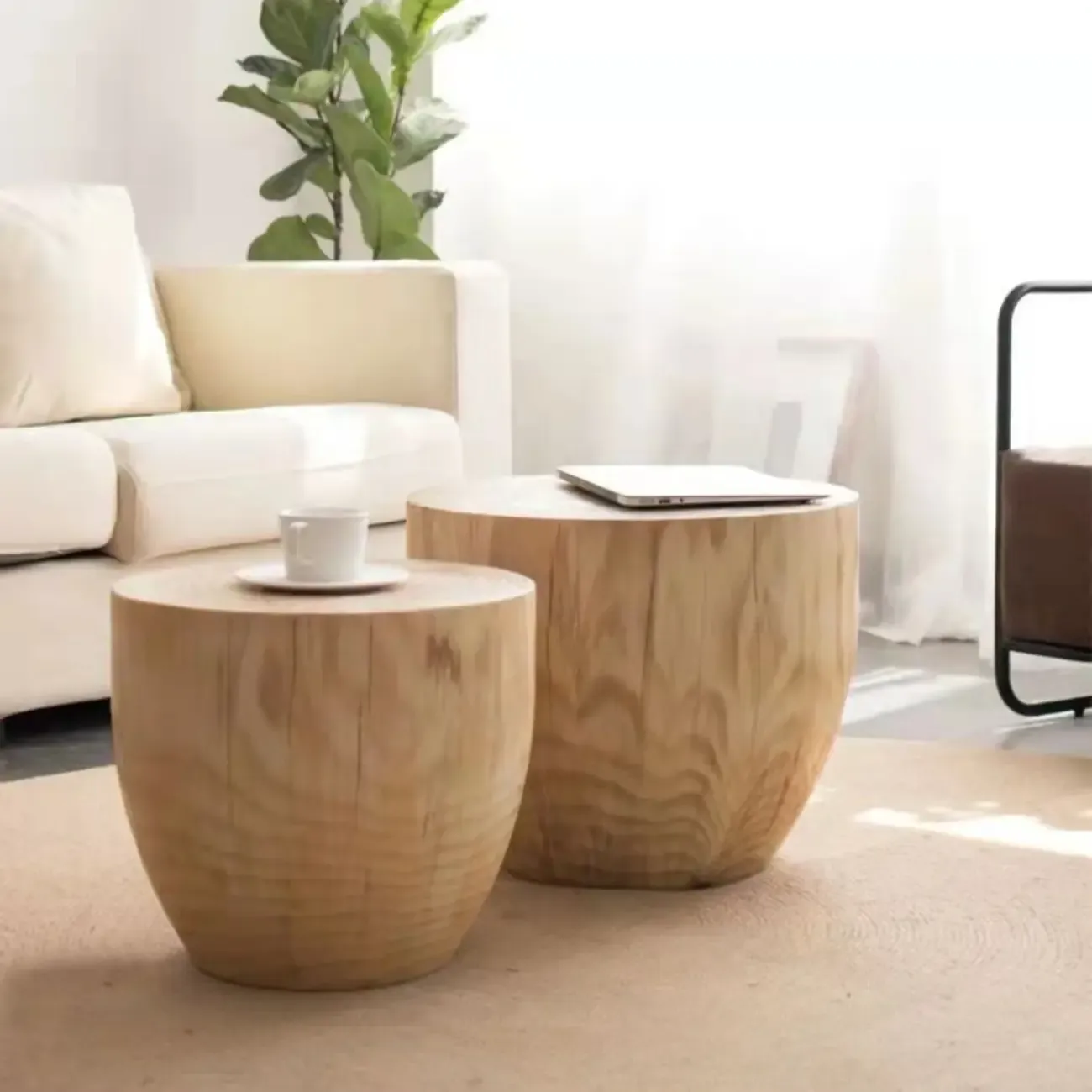 Natural Wood Drum-Shaped Nesting Chairside Table