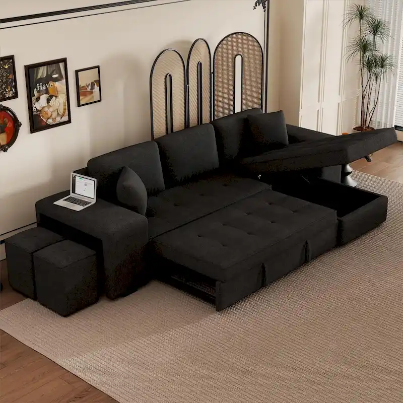 Roomfitters 3-Seater Modern L-Shape Reversible Sectional Couch, Pull-Out Sleeper Sofa with Storage Chaise and Two Stools