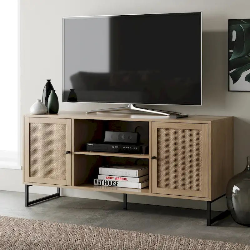 Nathan James Mina Modern TV Stand Entertainment Cabinet Media Console Oak Wood and Black Accents w/ Storage Doors