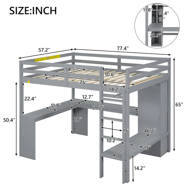 Solid Wood Loft Bed with L-shaped Desk, Wardrobe, and Shelves
