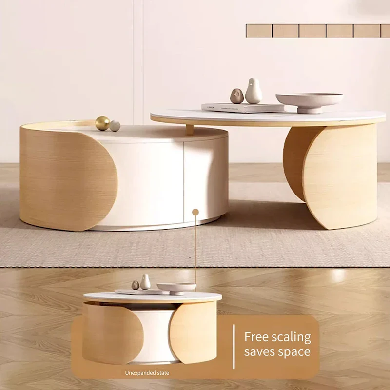 Modern Round Coffee table, Stone Table-top, Natural Wood - 50  x 31.5