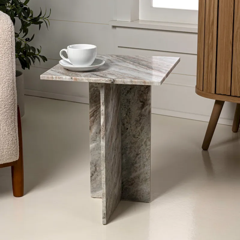 Venus 18.5 Contemporary Natural Marble Handmade T-Shaped End Table, Gray/Beige, by JONATHAN Y.