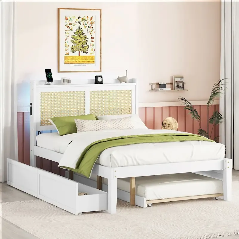 Elegant Bed Frame with Rattan Headboard and Sockets