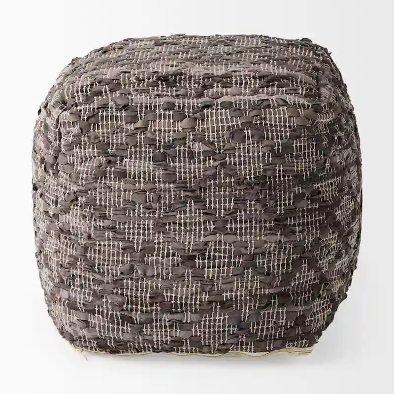 Mercana Falguni Grey Patterned Leather & Cotton Square Pouf