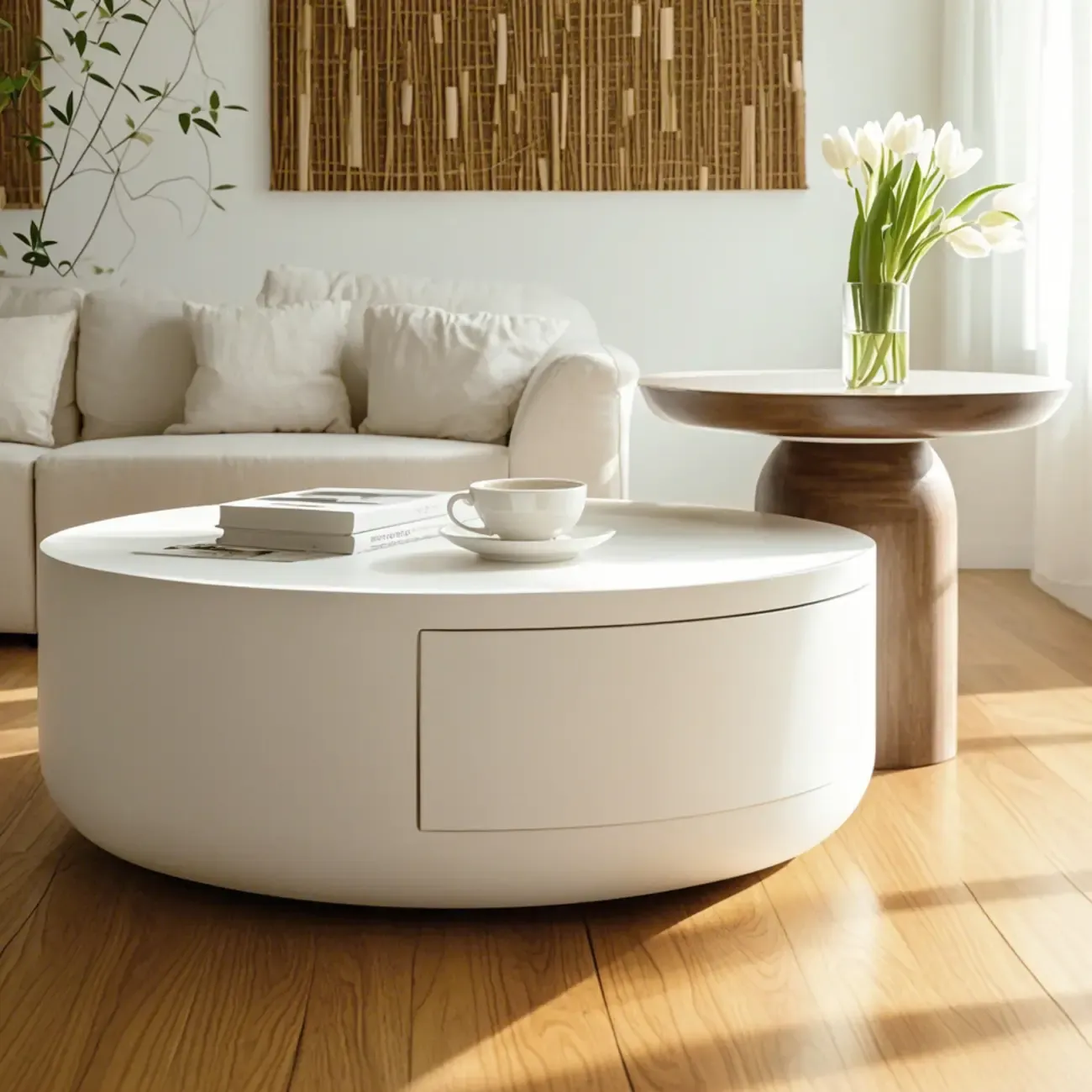 Modern White Round Coffee Table with Wood Base & Tray Top