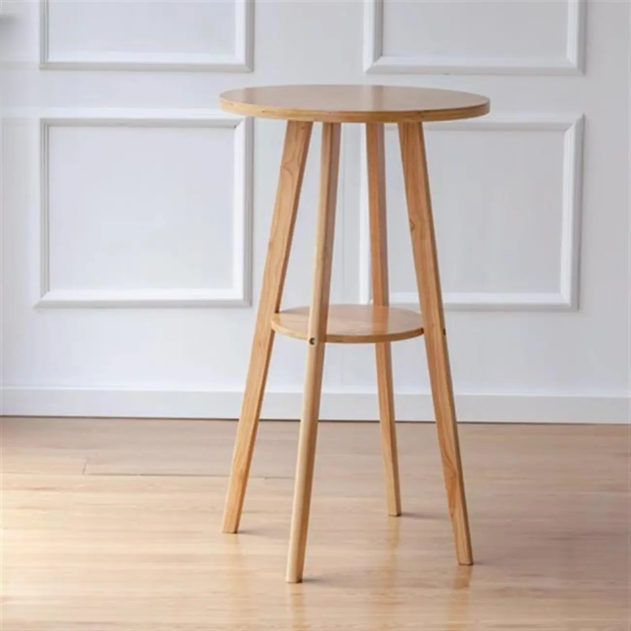 Scandinavian Rubberwood Round Bar Tables with Shelf