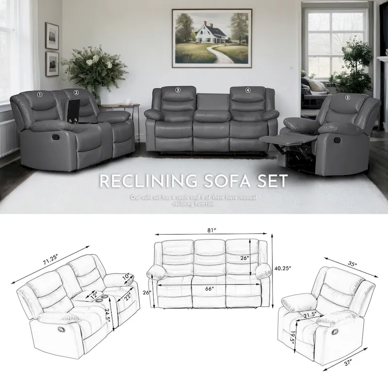 3 Piece Faux Leather Manual Reclining Livingroom Sofa Set with Dropdown Table and Console