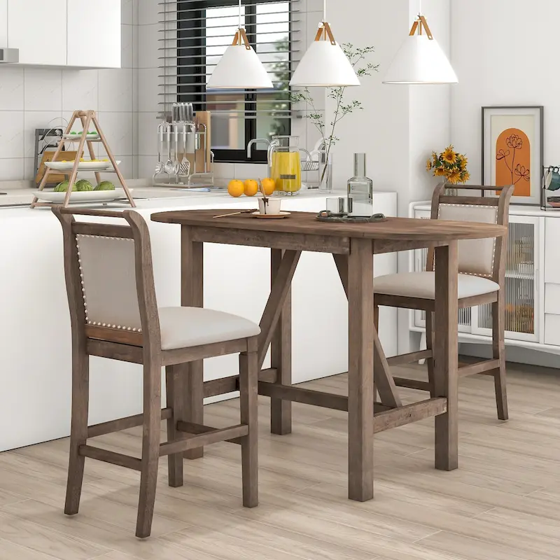 3-Piece Wooden Counter Height Dining Table Set with Drop Leaf Table & 2 Chairs