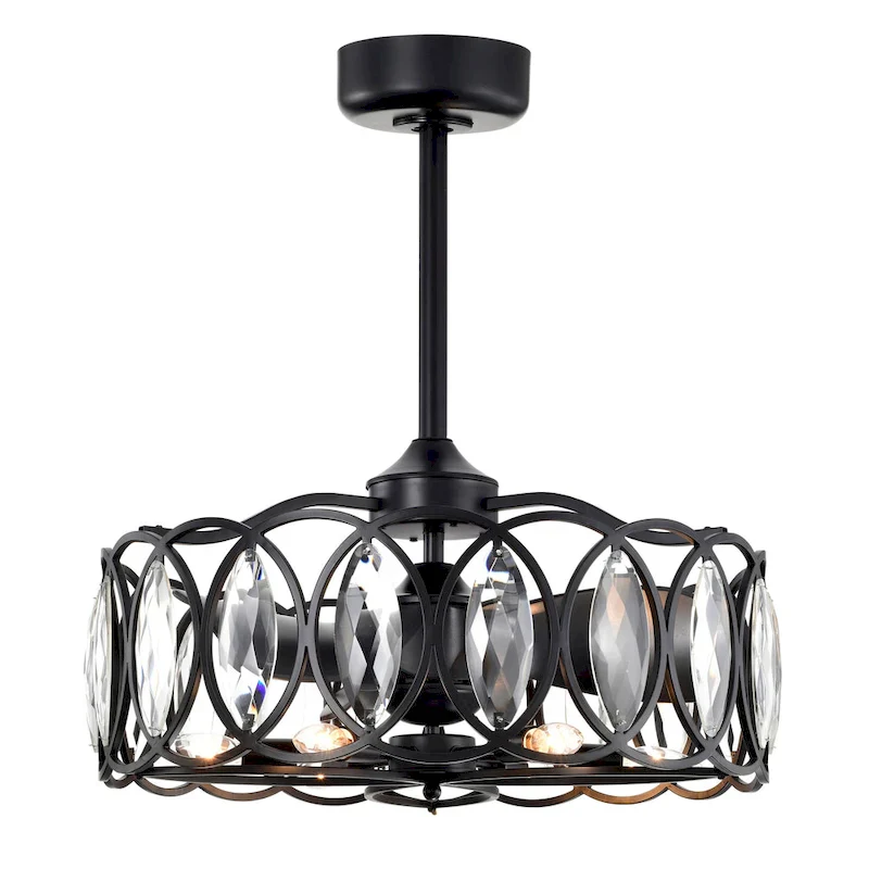 Dakanda 24 Inch Matte Black finish 6 Light, 3 Blade Crystal Ceiling Fandelier with Remote