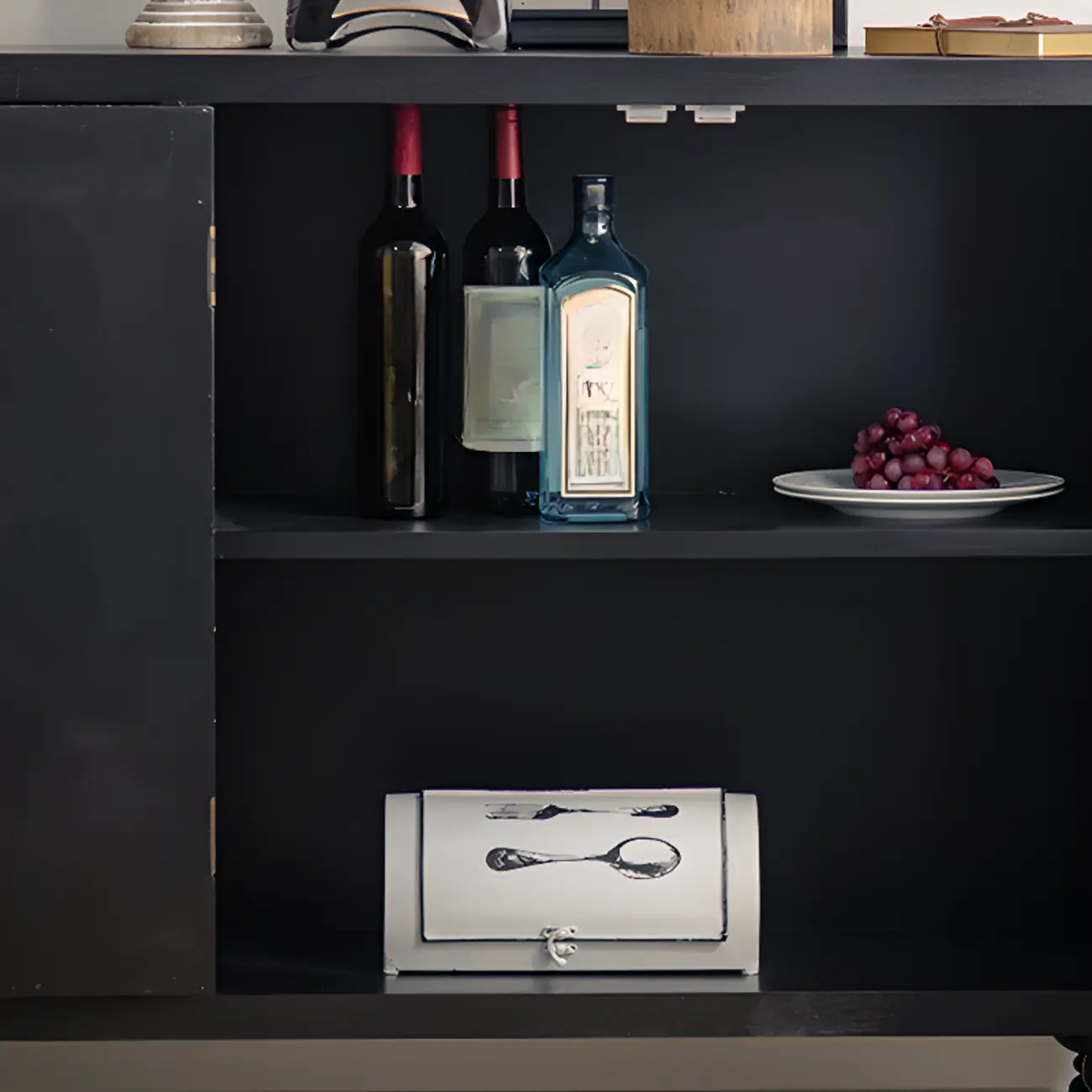 Mid-Century Rectangle Black Distressed Wood Carved Cabinet