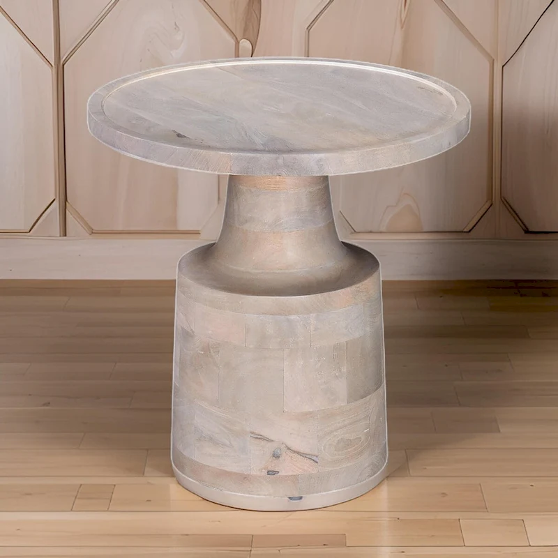 Side End Table, 18 Inch Round Top, Pedestal Base, Oak White Mango Wood