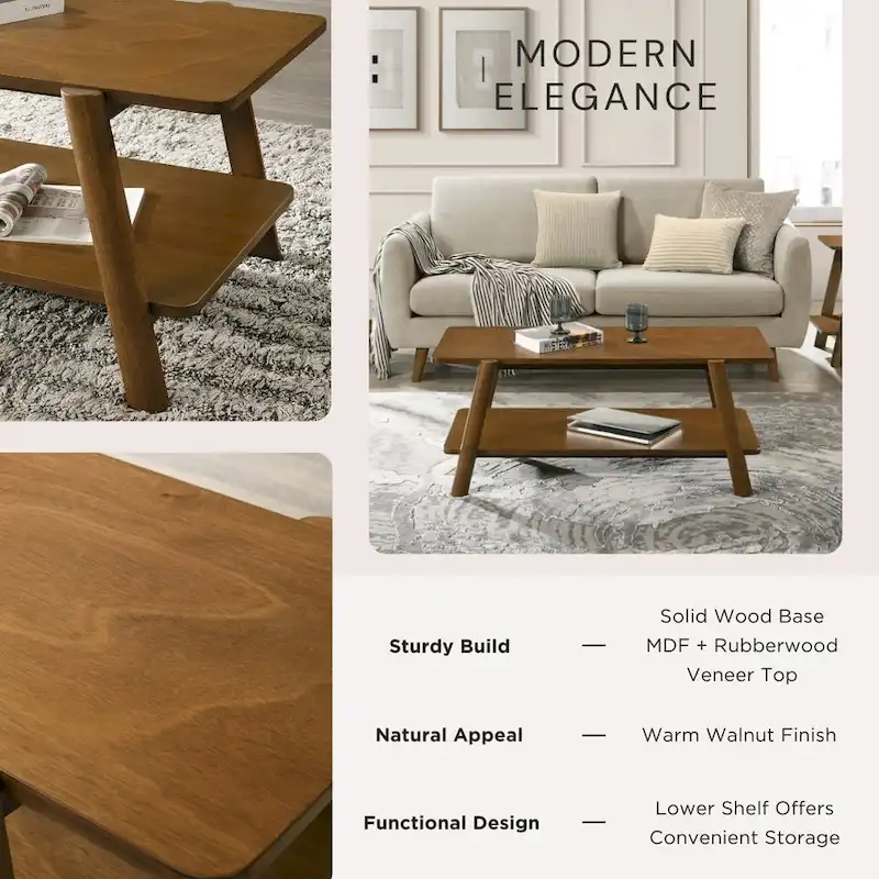 Roundhill Furniture Metz Mid-Century Modern Wood Shelf Coffee Table