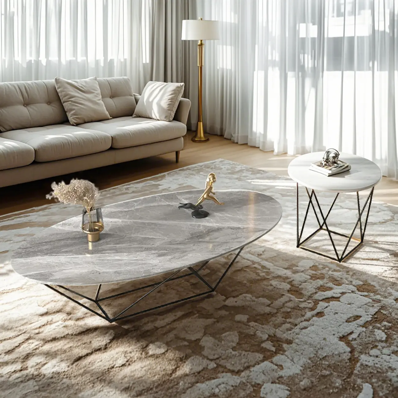 Stylish Metal Black Oval Coffee Table with Geometric Base