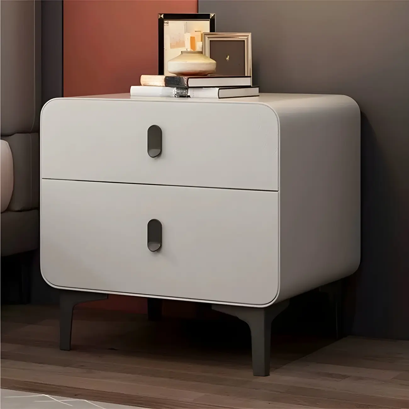 Freestanding Leather Arched Edge White Nightstand with Drawers