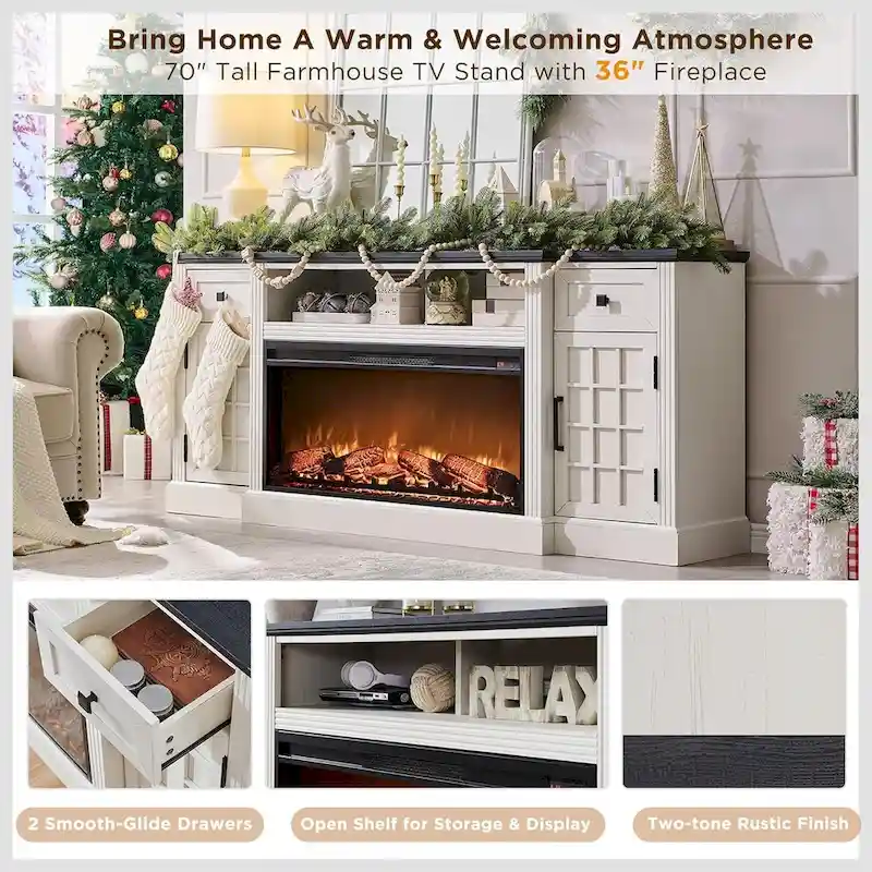 Black/Brown/White Farmhouse Electric Fireplace TV Stand, Fits 80