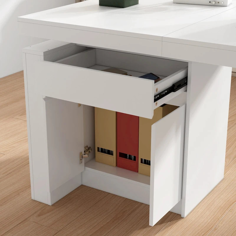 Ergonomic Sit-Stand Desk Pure White Elegance with Side Cabinet Table