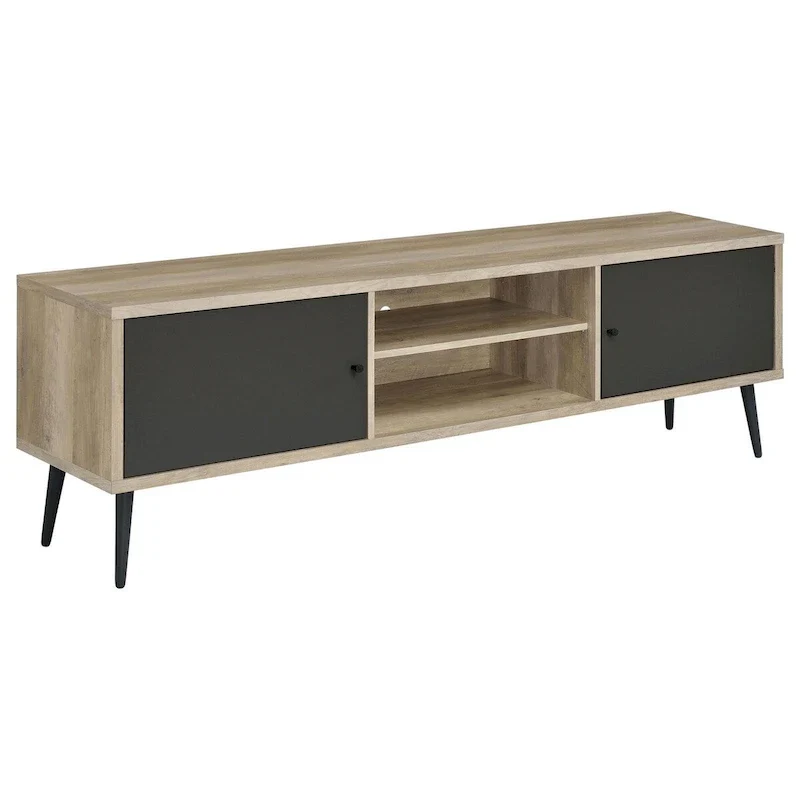 71 Inch TV Media Entertainment Center, 2 Open Compartments, Brown, Gray