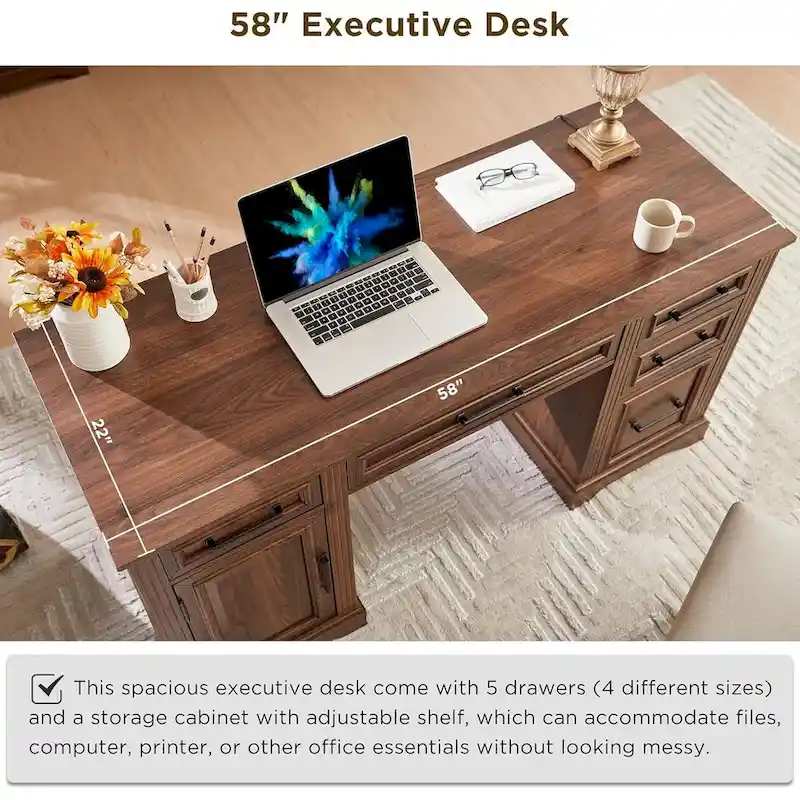 58  Large Computer Desk with Drawers, Embossed Texture Office Desk
