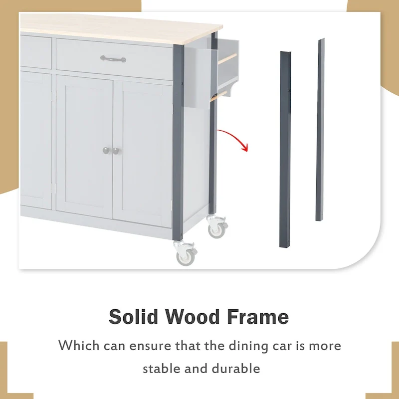 Essential MDF Kitchen Island Cart with Solid Wood Top, Locking Wheels, and Spice Rack