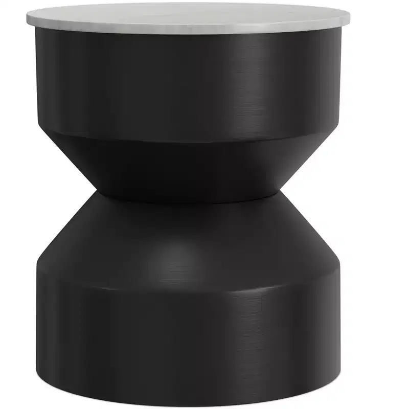 16 inch Wide Genuine Marble Top Modern Metal End Table in Black/White, Assembled