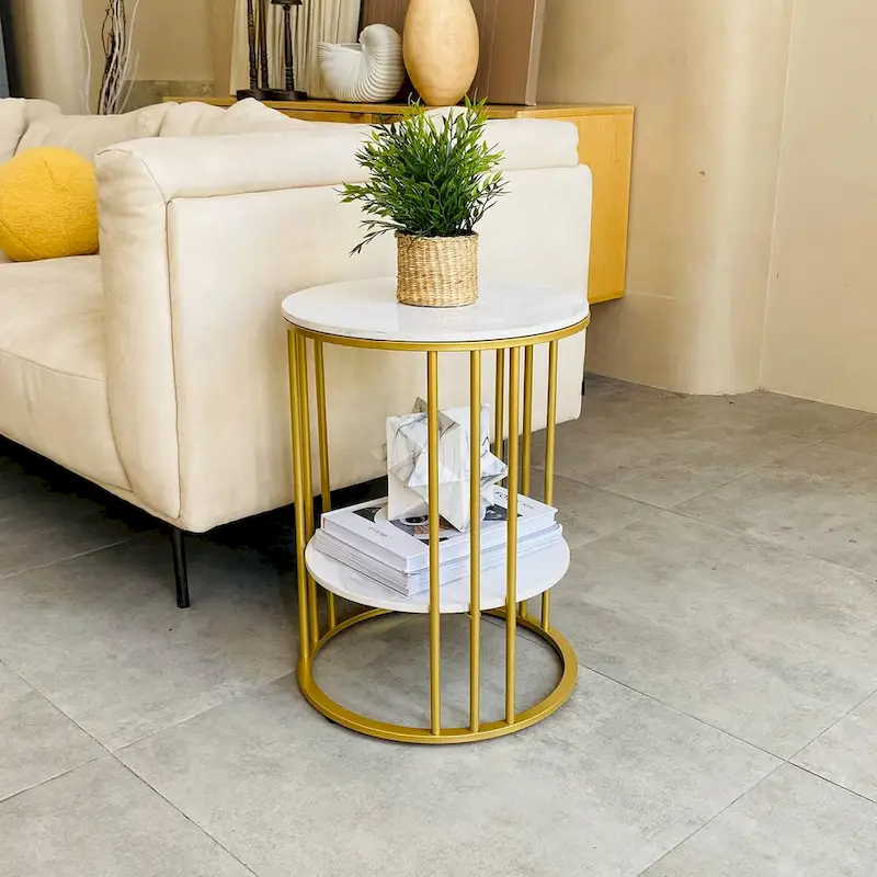 End Table 2-Tier Round Side Accent Table with Sintered Stone Tabletop - 15.7x15.7x21.3 inch