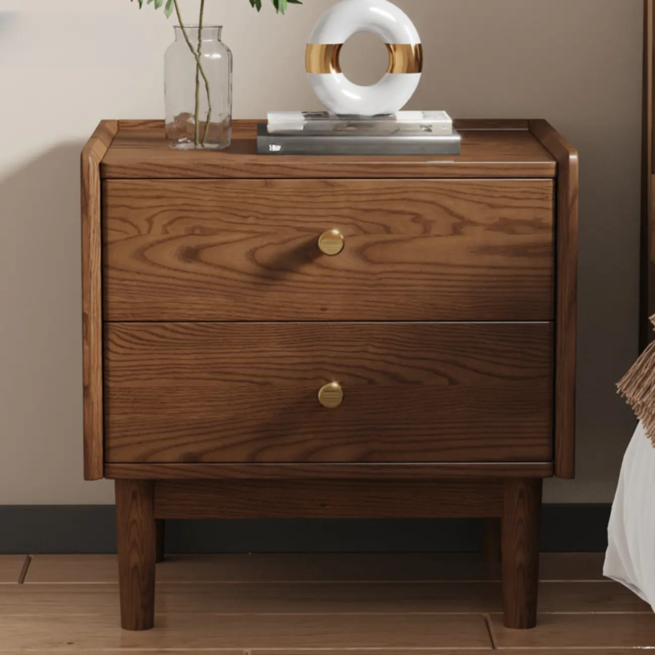 Scandinavian Brown Ash Wood 2-Drawer Nightstand