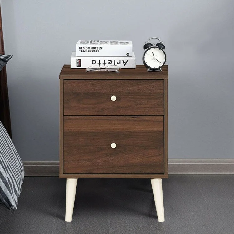 2-Drawer Nightstand Beside End Side Table with Rubber Legs-Walnut - 18 x 16 x 24.5 (L x W x H)