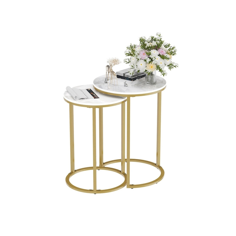 Round Nesting End Table Set Iron and Marble Accent Table - 15.7x21.5 inch & 13.7x19.7 inch