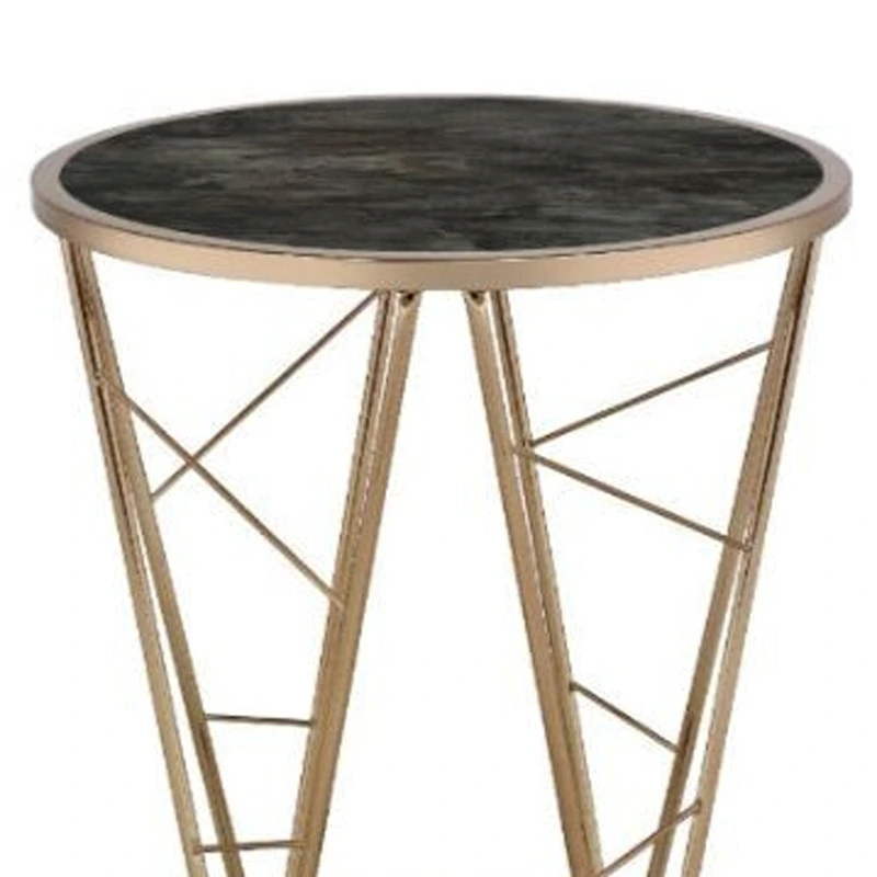 HomeRoots 24  Champagne And Black Faux Marble Glass And Metal Round End Table - 22' X '24' X '22