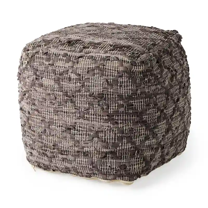 Mercana Falguni Grey Patterned Leather & Cotton Square Pouf