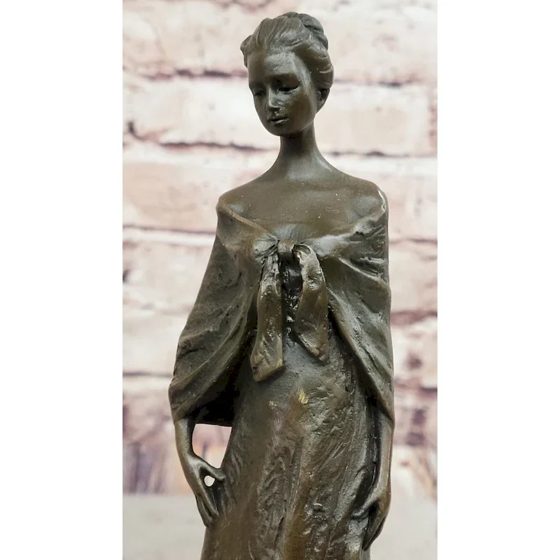 Elegant Bronze Lady Sculpture  Clic Figurine In Flowing Gown On Marble Base