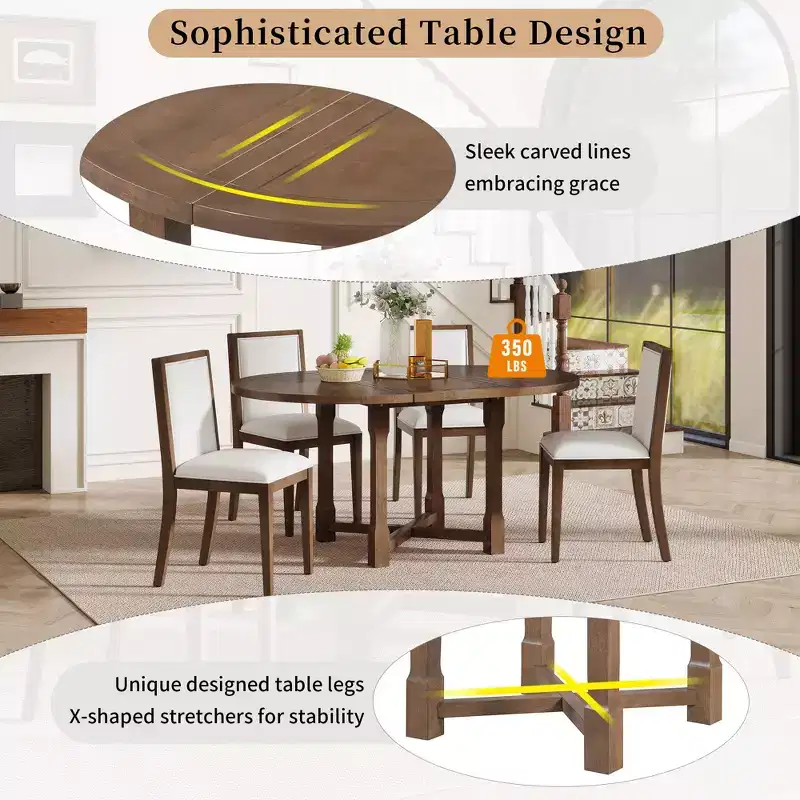 Merax Farmhouse Style Kitchen Table with Removable Leaf & Upholstered Chairs