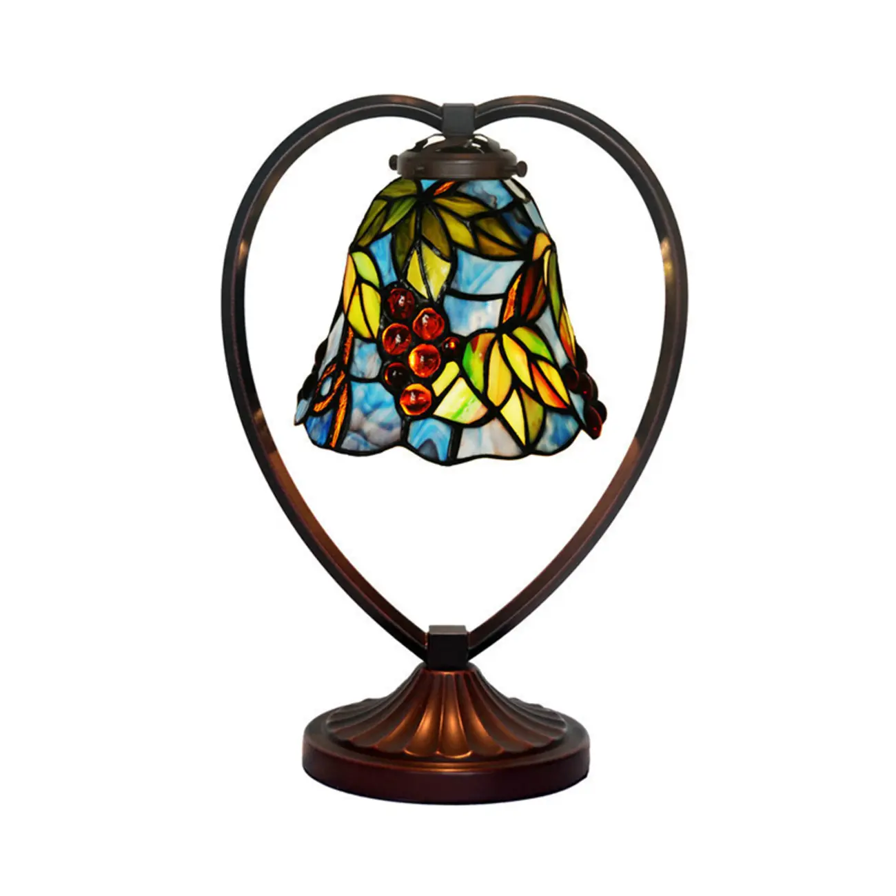 Vintage Stained Glass Heart Shape Table Lamp in Iron Base