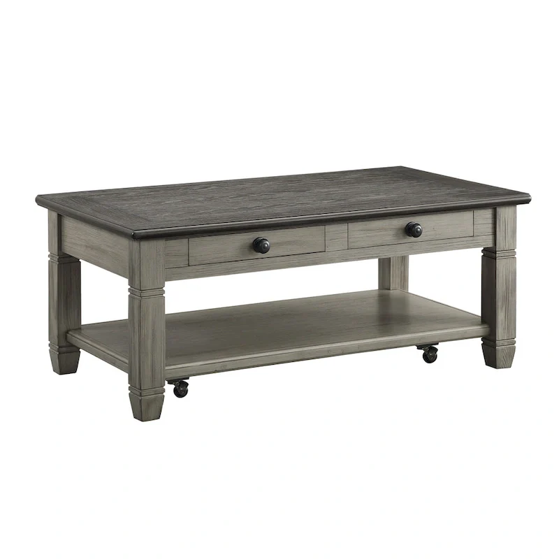 Rome 48 Inch Cocktail Table, 2 Drawers, Casters, Brown and Gray Solid Wood