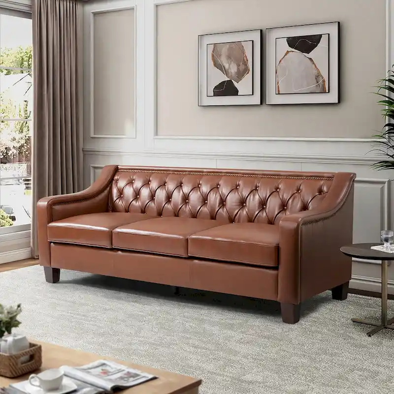 Mateo 82.28 Wide Transitional Genuine Leather Sofa with Nailhead Trim and Button-Tufted Back