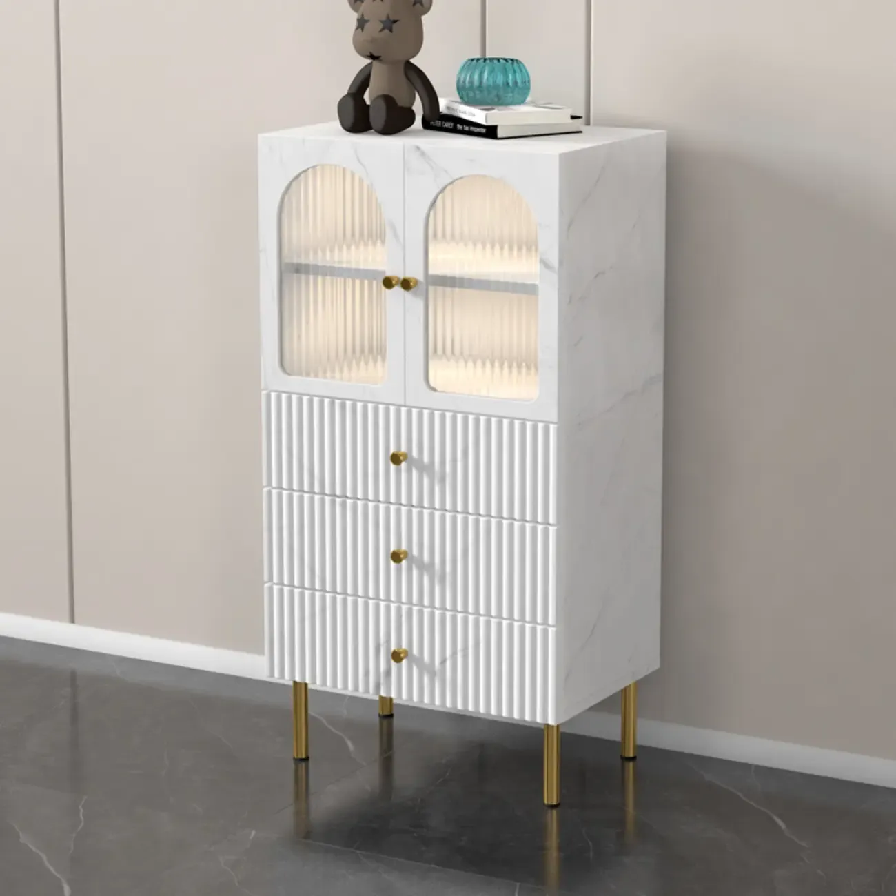 Trendy Marble-Textured Striped Wood Glass Storage Cabinet