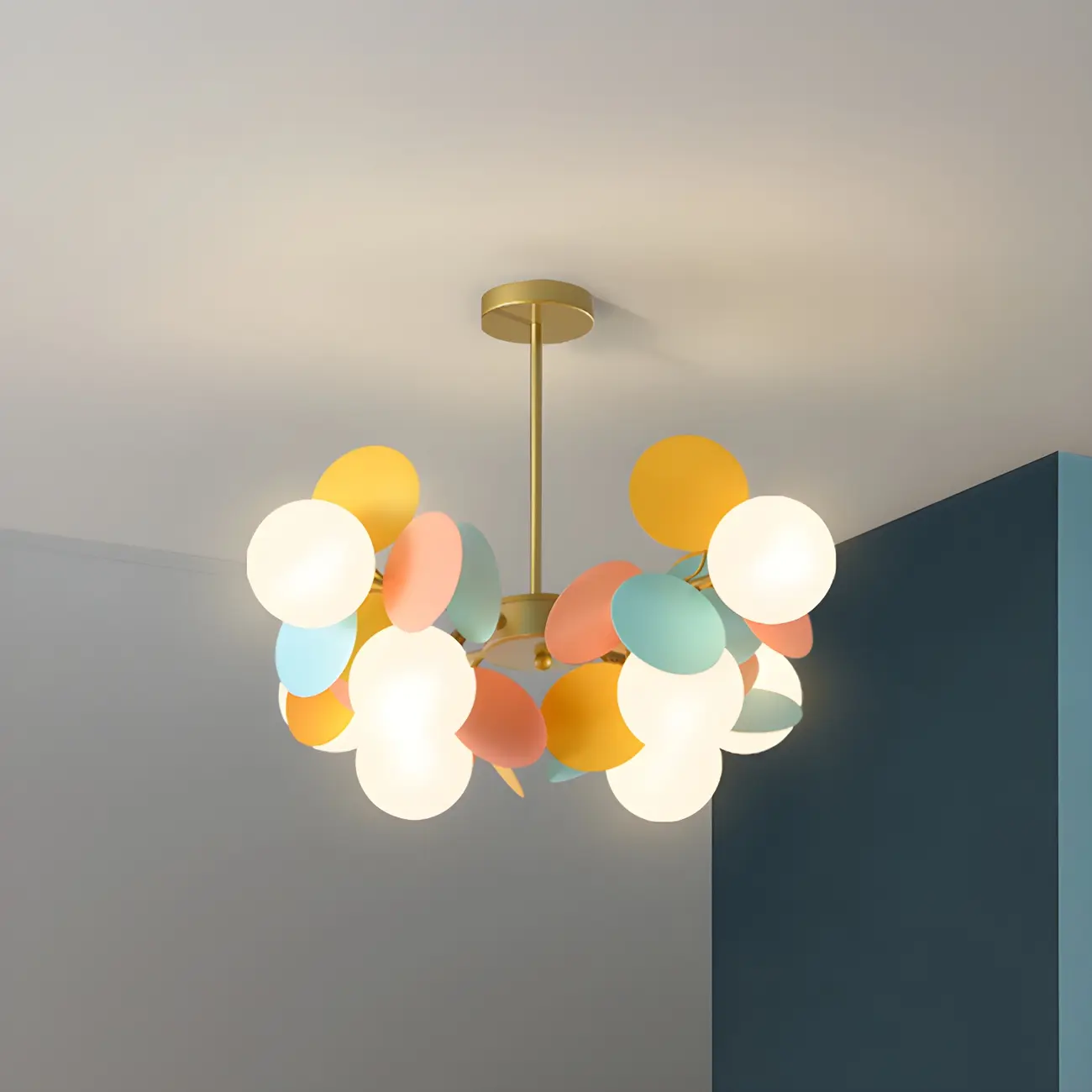 Pastel Sphere Glass and Metal Starburst Chandelier