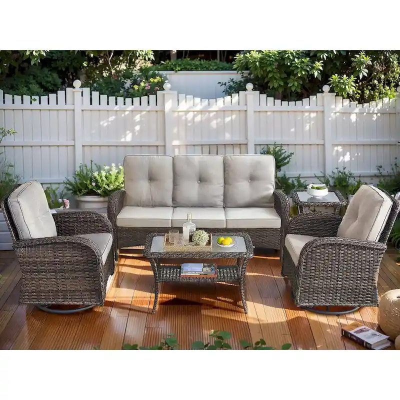 Patio Sofa with 2 Swivel Chair Coffee Table - Brown