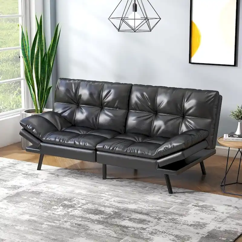 Futon Sofa Bed, Memory Foam Foldable Couch Convertible Loveseat Sleeper Daybed with Adjustable Armrests for Small Space