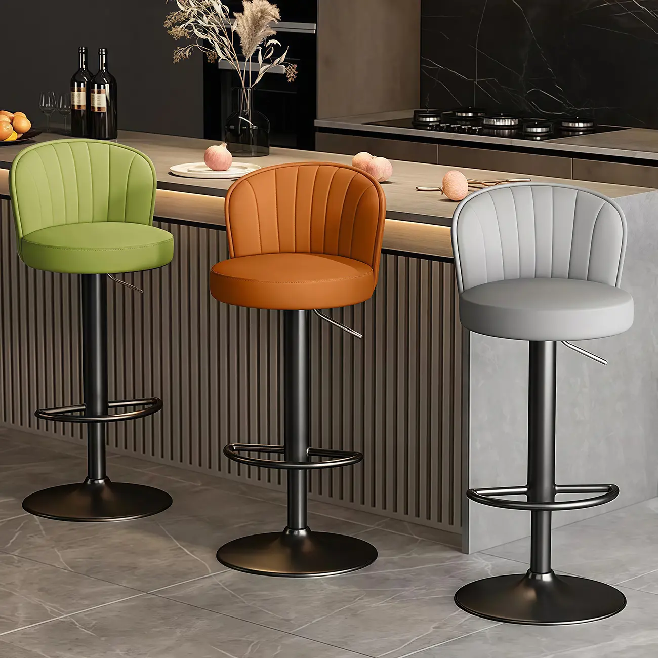 Modern Leather Adjustable Swivel Bar Stools with Back