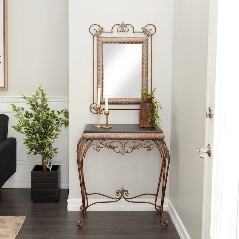 Metal Leaf Console Table with Mirror with Scrolled Legs - Set of 2 Bronze - Roche River Decor - 1 W x 23 L x 32 H