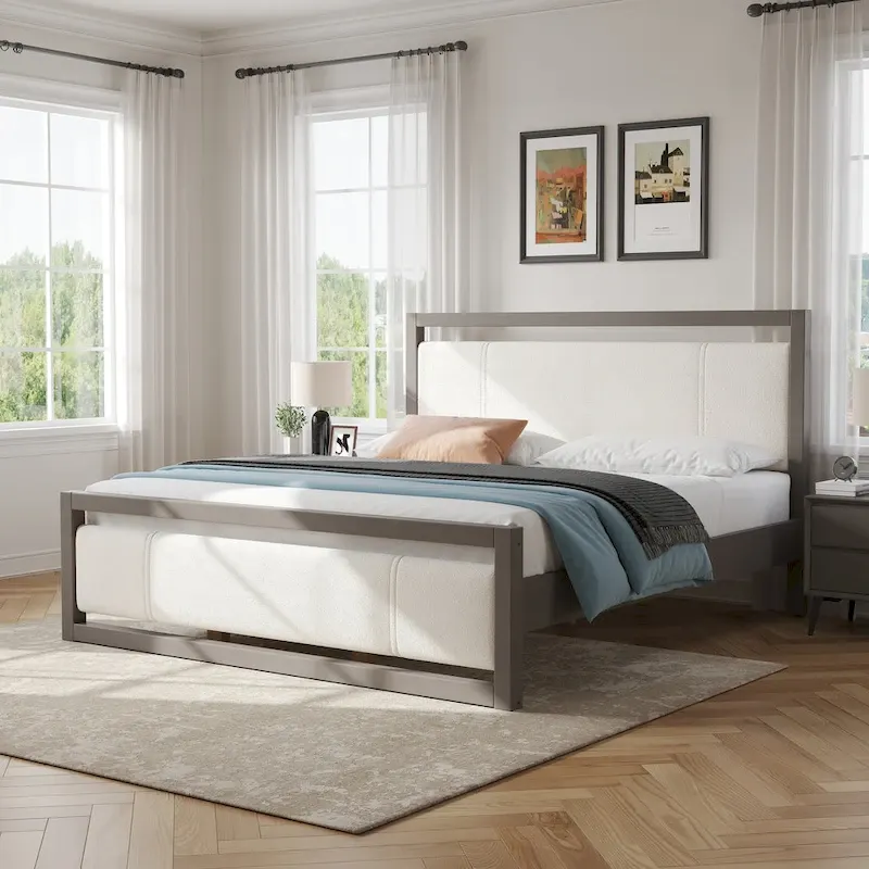 King Platform Bed, Ivory/Grey, Boucle Headboard, Rubberwood Frame, Seats 2