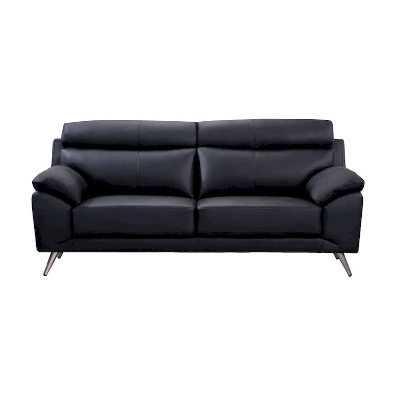 Justin Sofa, Black Top Grain Leather, Foam Cushions, Steel Legs, 80 Inch
