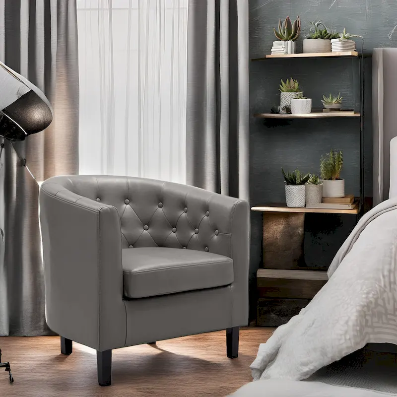 Accent Chair, Button Tufted Faux Leather Barrel Chair, Midcentury Modern Accent Chair, Comfy Armchair, Tub Barrel Chairs