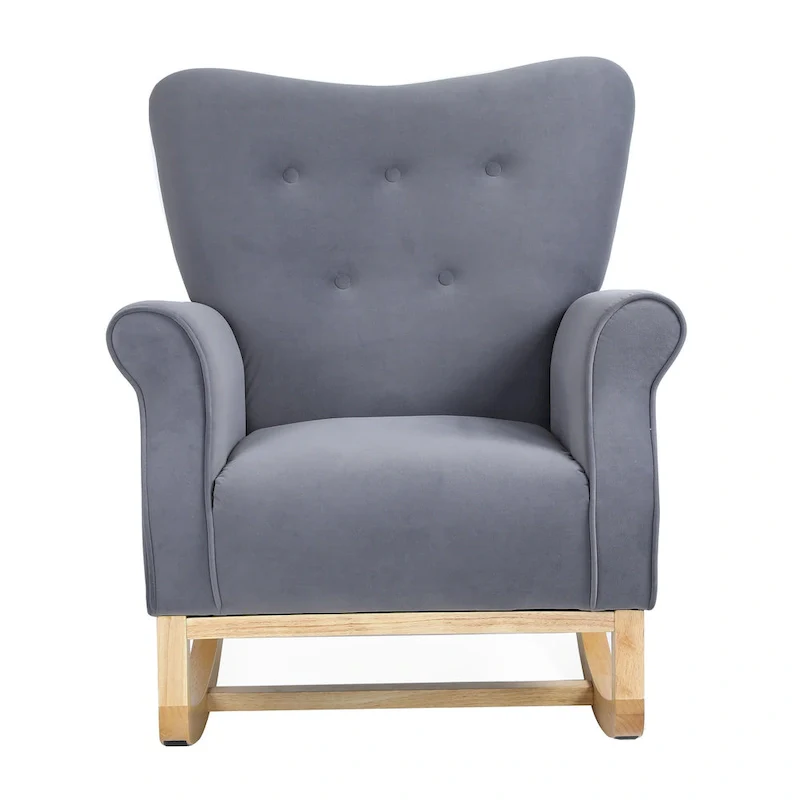 Velvet Tufted High Back Rocking Chair - Single Seat with Wood Legs