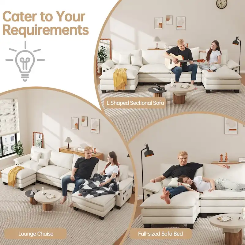 144 Modular Compression Sofa Set Convertible Sectional Sleeper Couch with 2 Ottomans