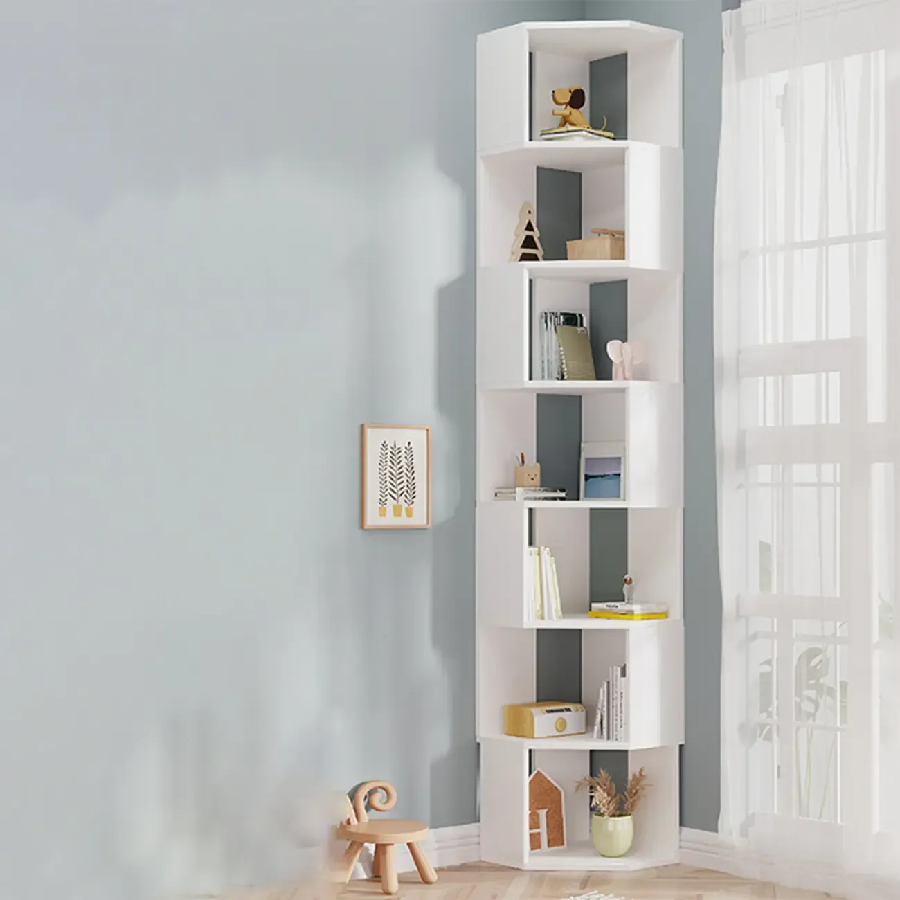 Modern 7-Shelf White Wood Corner Bookcase