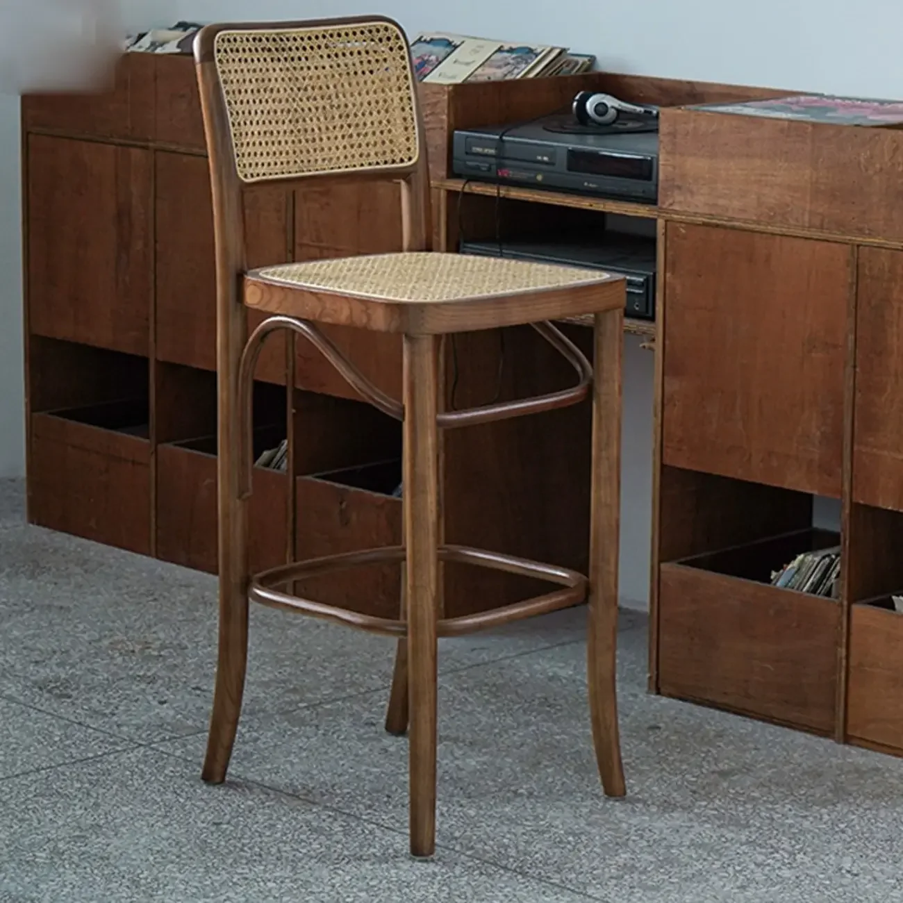 Vintage Wooden Elegance Square Rattan Back High Bar Stool