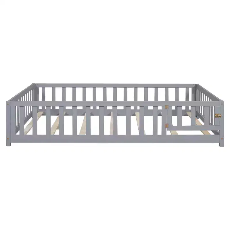 Plywood Full Size Floor Platform Bed with Fence and Door for Kids, Montessori Floor Bed Frame Grey