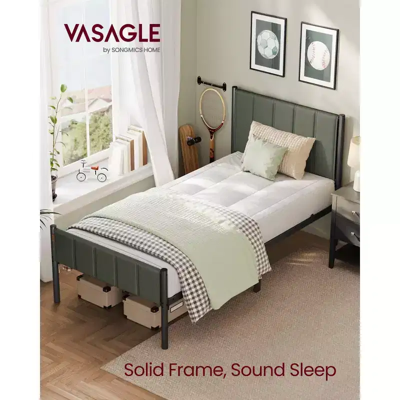 VASAGLE Twin Bed Frame with Upholstered Headboard,Footboard,550 lb Weight Capacity,Steel Slats,Easy Assembly,No Box Spring Needed